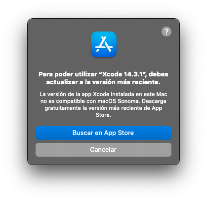 Mensaje de error al abrir Xcode 14.3.1 en macOS Sonoma